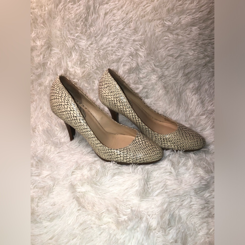 Cole Haan Cream and Brown Snake Patterned Heels - Picture 2 of 10